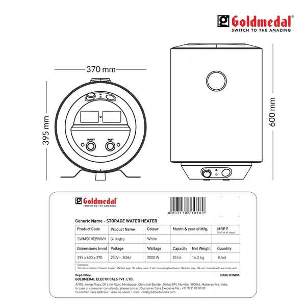 GOLDMEDAL G-HYDRO 25 LITRE STORAGE WATER HEATER (GEYSER) - White, 28, 60, 37