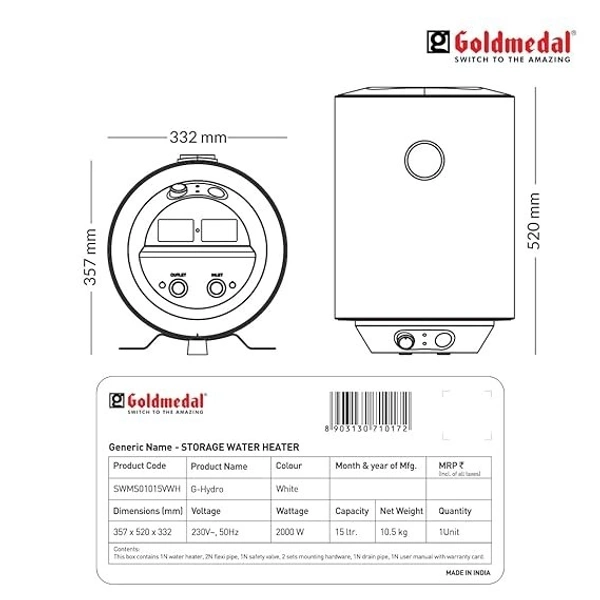 GOLDMEDAL G-HYDRO 15 LITRE STORAGE WATER HEATER (GEYSER) - White, 33, 52, 28