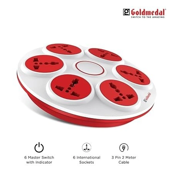 GOLDMEDAL 360 DEGREE POWER STRIP 6 SOCKETS EXTENSION BOARD - Red, 27, 20.4, 5.1