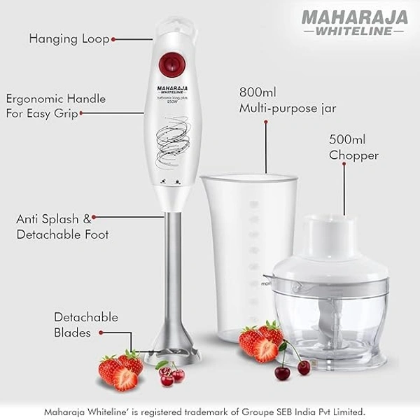 MAHARAJA WHITELINE TURBOMIX KING PLUS HAND BLENDER 250-WATT, DURAFORCE ADVANCE BLADE TECHNOLOGY, 800 ML MULTI PURPOSE JAR, 500 ML CHOPPER - White, 15.6, 32.3, 13.1