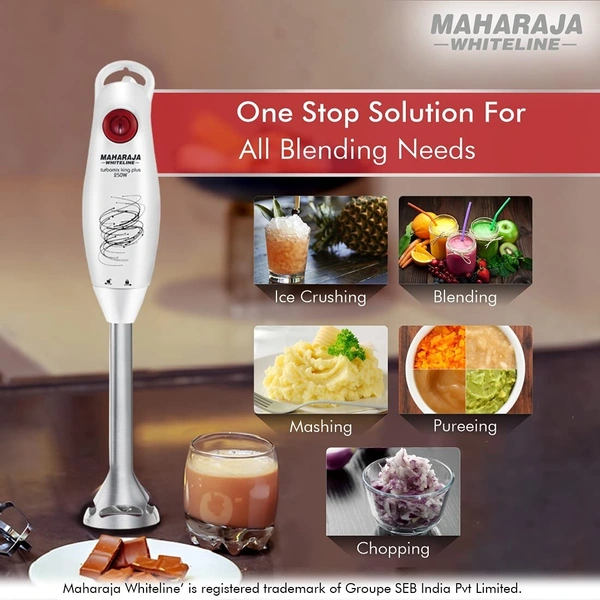 MAHARAJA WHITELINE TURBOMIX KING PLUS HAND BLENDER 250-WATT, DURAFORCE ADVANCE BLADE TECHNOLOGY, 800 ML MULTI PURPOSE JAR, 500 ML CHOPPER - White, 15.6, 32.3, 13.1