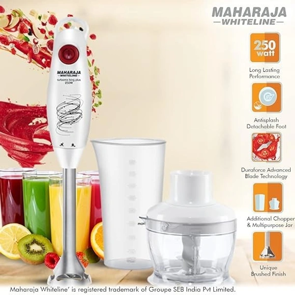 MAHARAJA WHITELINE TURBOMIX KING PLUS HAND BLENDER 250-WATT, DURAFORCE ADVANCE BLADE TECHNOLOGY, 800 ML MULTI PURPOSE JAR, 500 ML CHOPPER - White, 15.6, 32.3, 13.1