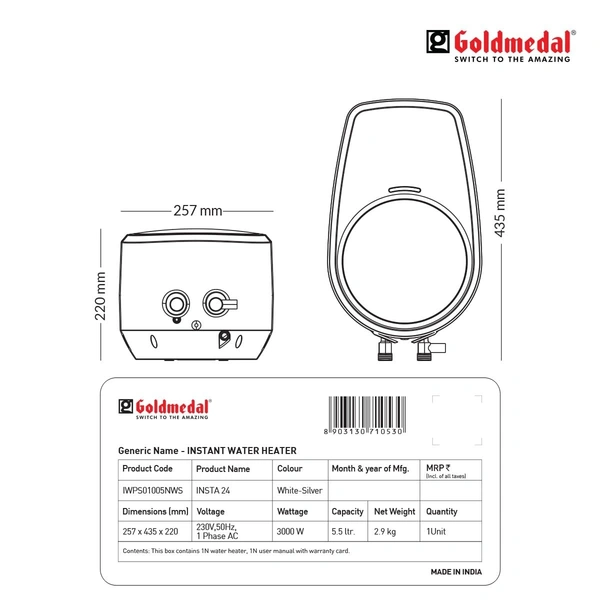 GOLDMEDAL INSTA24 5.5 LITRE 3KW INSTANT GEYSER (WATER HEATER) - 25.7, 43.5, 22