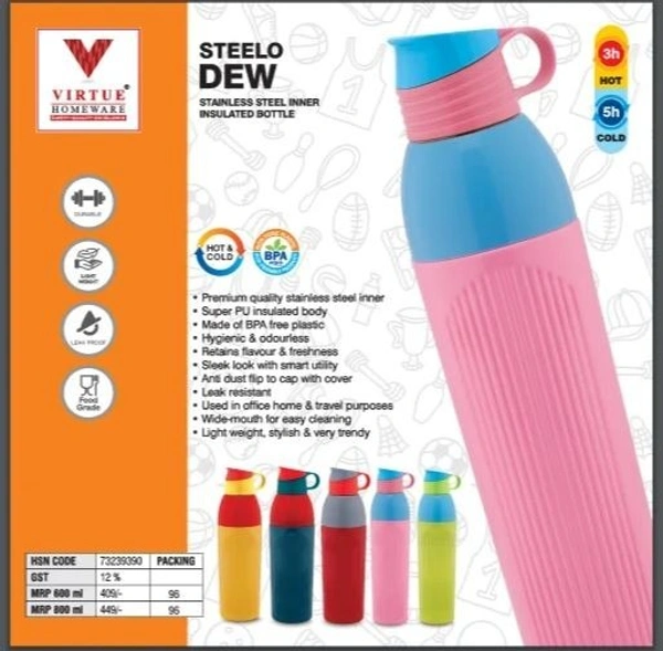 VIRTUE STEELO DEW INSULATED BOTTLE 600 ML - Pink, 10, 20, 8