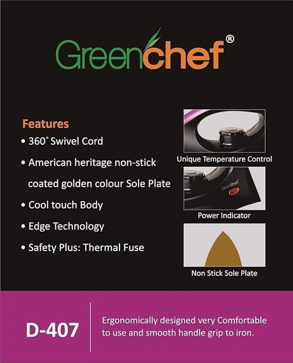 GREENCHEF D-407 1000W DRY IRON - Black