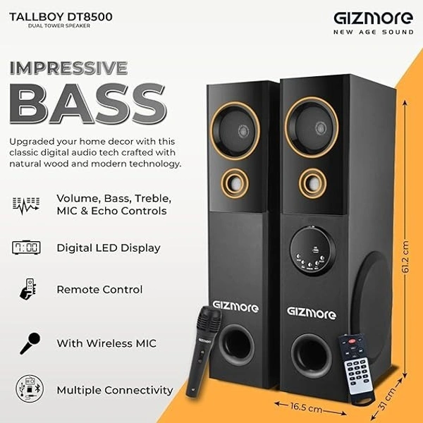 GIZMORE TALLBOY DT8500 80WATT WIRELESS TOWER SPEAKER - Black