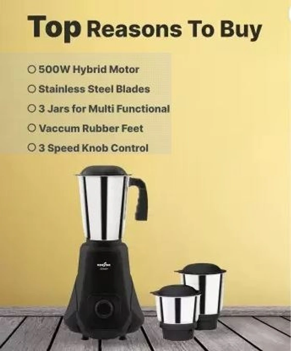 KENSTAR SLENDER 500-WATT MIXER GRINDER 3 JAR BLACK - Black, 23.5, 12, 23.5