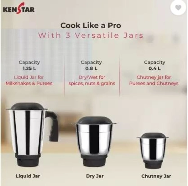 KENSTAR SLENDER 500-WATT MIXER GRINDER 3 JAR BLACK - Black, 23.5, 12, 23.5