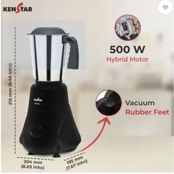 KENSTAR SLENDER 500-WATT MIXER GRINDER 3 JAR BLACK - Black, 23.5, 12, 23.5