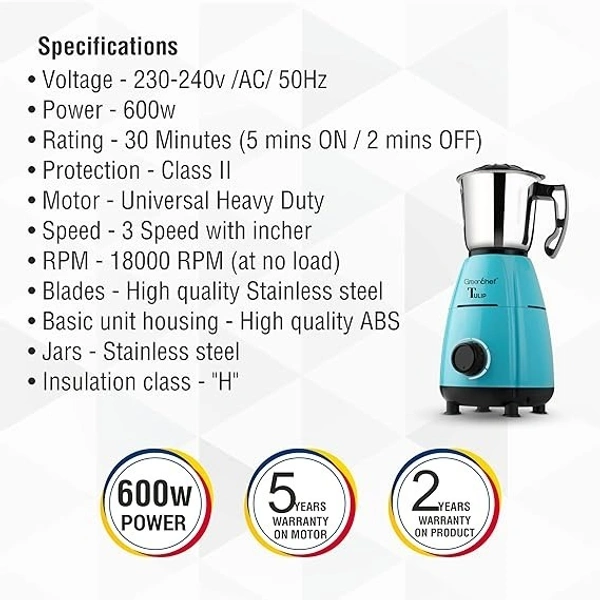 GREENCHEF TULIP MIXER GRINDER 600W 3 JAR - Blue, 40, 22, 18