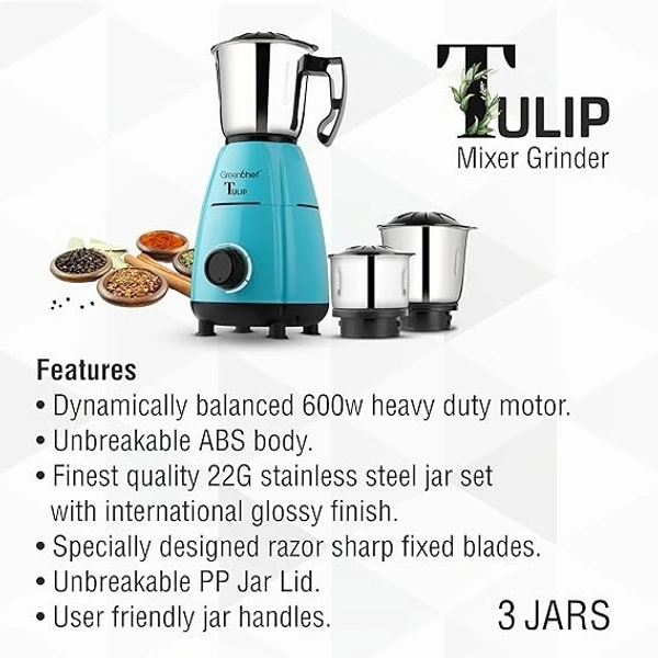 GREENCHEF TULIP MIXER GRINDER 600W 3 JAR - Blue, 40, 22, 18