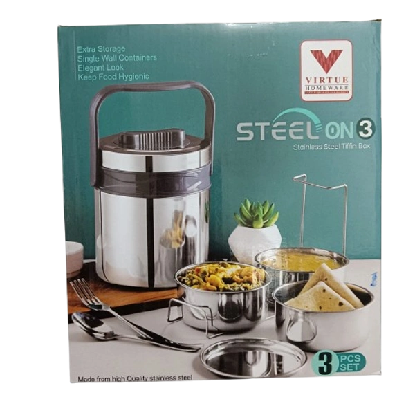 VIRTUE STEEL ON 3 INSULATED TIFFIN WITH 3 STAINLESS STEEL CONTAINERS - Monsoon, 15, 16, 15