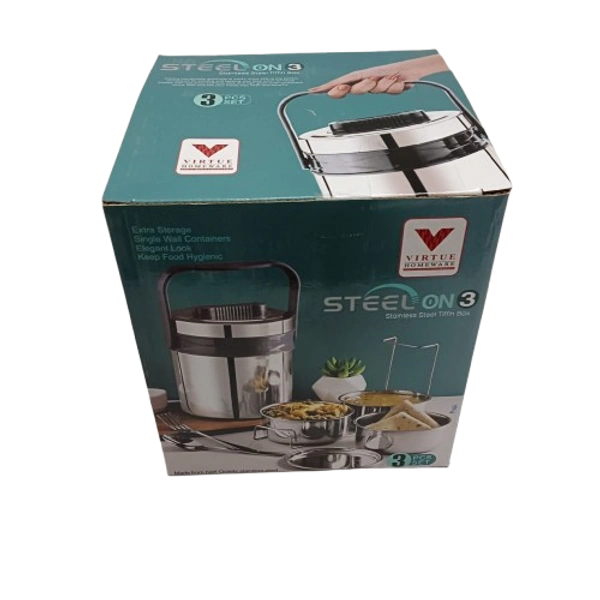 VIRTUE STEEL ON 3 INSULATED TIFFIN WITH 3 STAINLESS STEEL CONTAINERS - Monsoon, 15, 16, 15