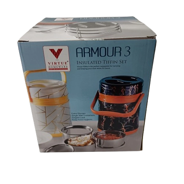 VIRTUE ARMOUR 3 INSULATED TIFFIN WITH 3 STAINLESS STEEL CONTAINERS - Web Orange, 15, 16, 15