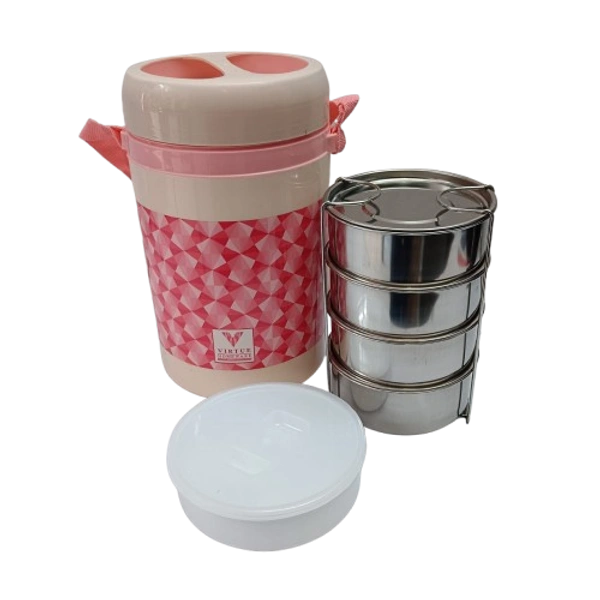 VIRTUE HOT MEAL 4 INSULATED LUNCH PACK WITH 4 STAINLESS STEEL CONTAINERS - Oriental Pink, 15, 20, 15