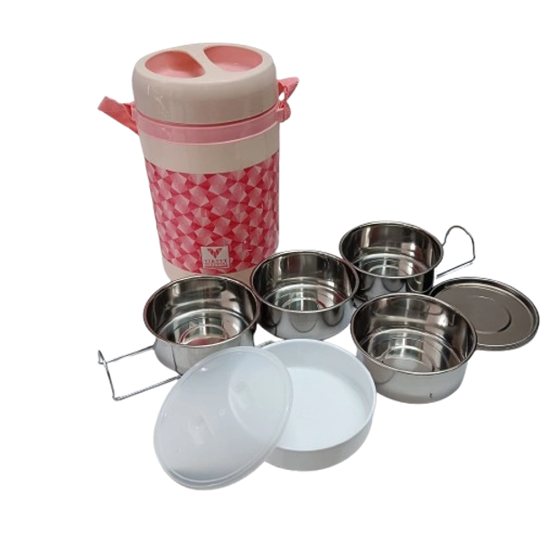 VIRTUE HOT MEAL 4 INSULATED LUNCH PACK WITH 4 STAINLESS STEEL CONTAINERS - Oriental Pink, 15, 20, 15