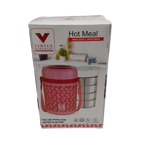 VIRTUE HOT MEAL 4 INSULATED LUNCH PACK WITH 4 STAINLESS STEEL CONTAINERS - Oriental Pink, 15, 20, 15