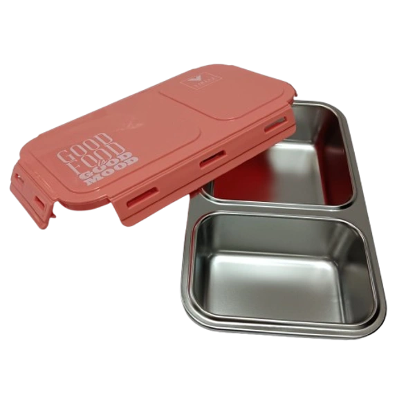 VIRTUE Virtue Homeware Jack & Jill 2 Partition Stainless Steel Lunch Box – 500 ml - Pink, 16, 7, 12