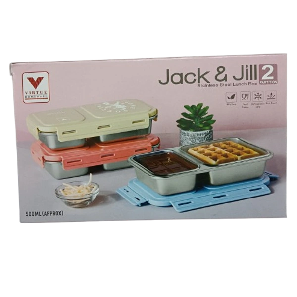 VIRTUE Virtue Homeware Jack & Jill 2 Partition Stainless Steel Lunch Box – 500 ml - Pink, 16, 7, 12
