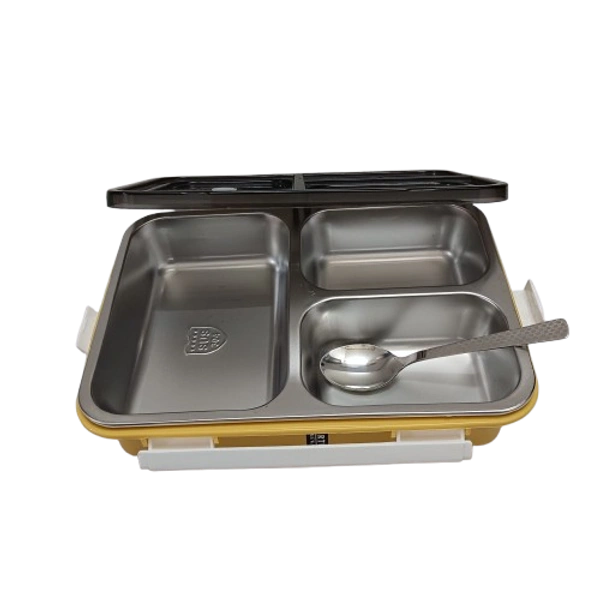 VIRTUE FOOD TIME 3 PARTITION BIG STAINLESS STEEL LUNCH BOX - Yellow, 22, 7, 16