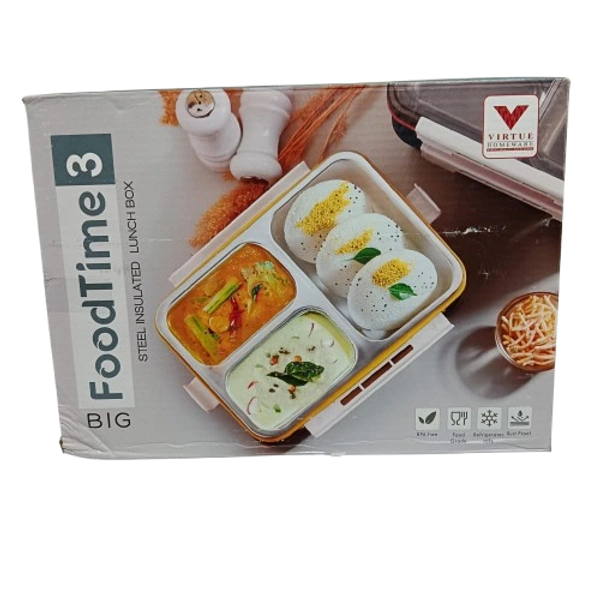 VIRTUE FOOD TIME 3 PARTITION BIG STAINLESS STEEL LUNCH BOX - Yellow, 22, 7, 16
