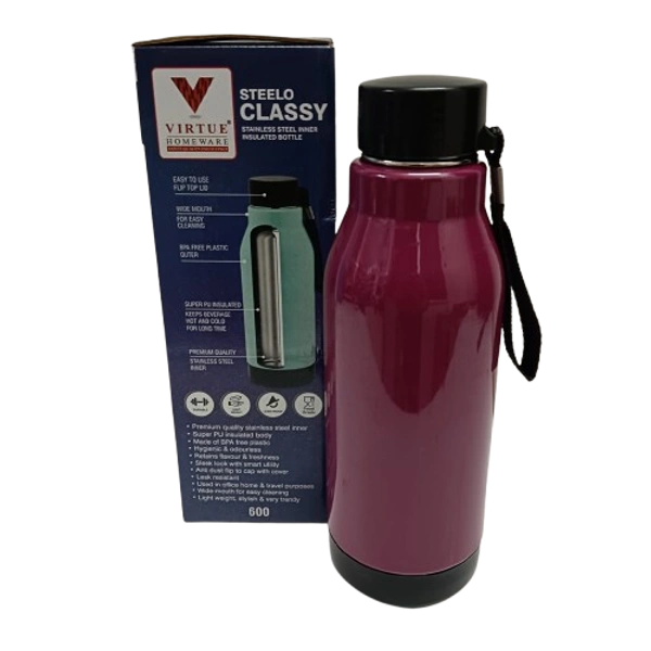 VIRTUE STEELO CLASSY 600 ML STAINLESS STEEL BOTTLE - Melanzane, 8, 24, 8