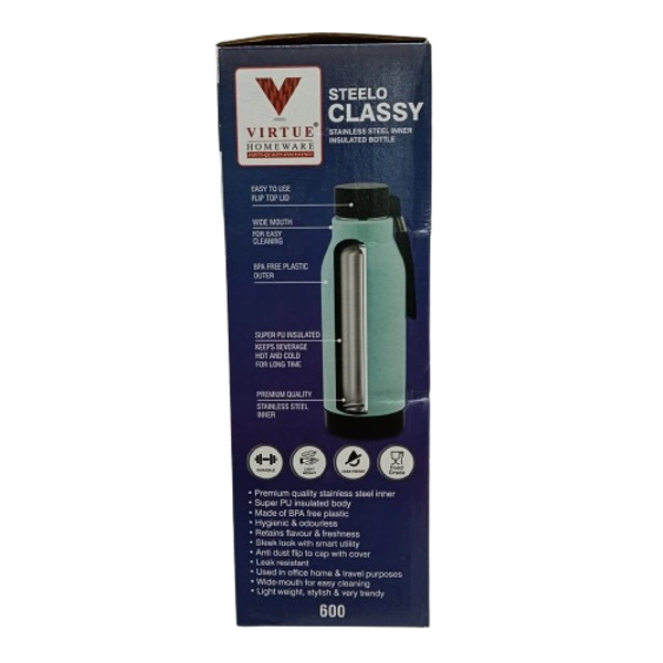 VIRTUE STEELO CLASSY 600 ML STAINLESS STEEL BOTTLE - Melanzane, 8, 24, 8
