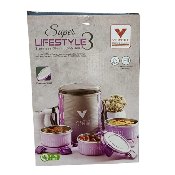 VIRTUE SUPER LIFESTYLE 3 CONTAINER LUNCH BOX - French Lilac, 15, 21, 15