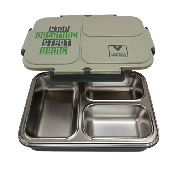 VIRTUE FUN FOOD 3 PARTITION STAINLESS STEEL LUNCH BOX - Celadon, 24, 6, 16