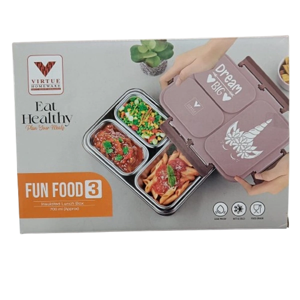 VIRTUE FUN FOOD 3 PARTITION STAINLESS STEEL LUNCH BOX - Celadon, 24, 6, 16
