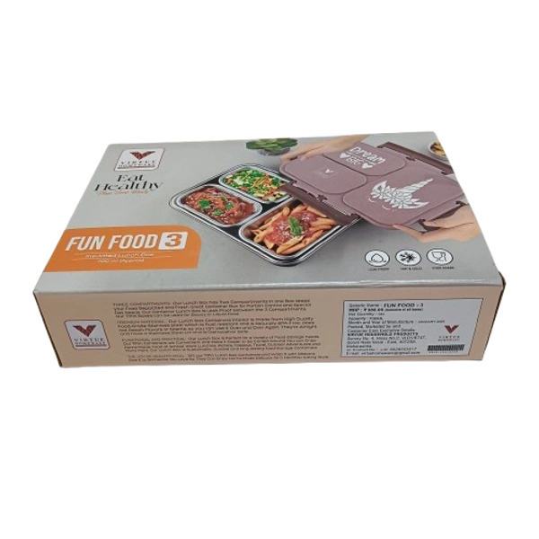 VIRTUE FUN FOOD 3 PARTITION STAINLESS STEEL LUNCH BOX - Celadon, 24, 6, 16