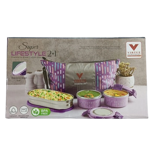 VIRTUE SUPER LIFESTYLE 2+1 STAINLESS STEEL LUNCH BOX 3 CONTAINERS - Kobi, 28, 16, 12