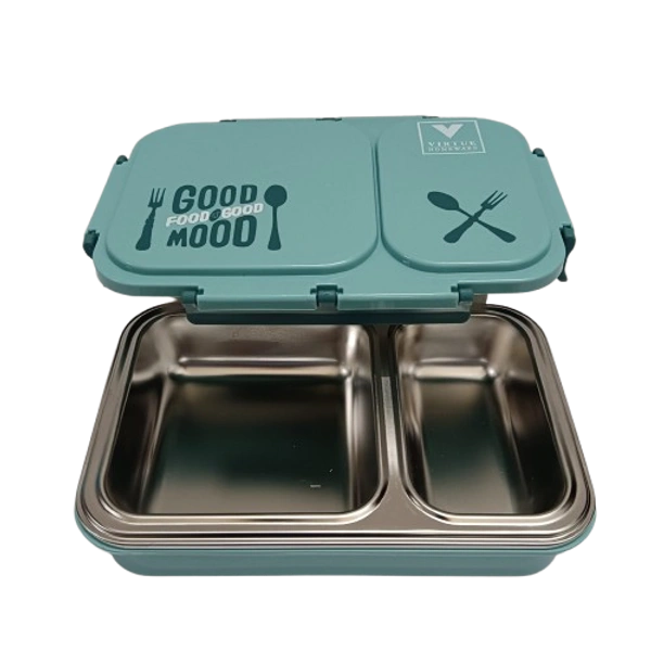 VIRTUE FUN FOOD 2 PARTITION STAINLESS STEEL LUNCH BOX - Pixie Green, 20, 7, 15