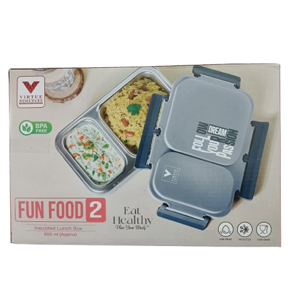 VIRTUE FUN FOOD 2 PARTITION STAINLESS STEEL LUNCH BOX - Gray, 20, 7, 15