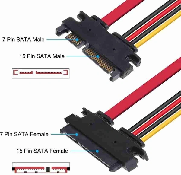 iSparehub 22 Pin 7+15 SATA Cable Male to Female Serial ATA SATA Data 4 Pin Molex Male Female Power Combo Extension