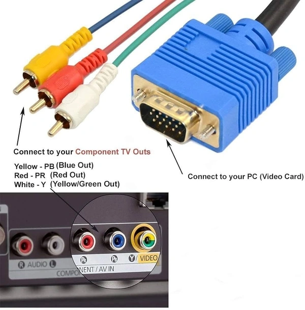 iSparehub VGA to RCA Cable , VGA 15 Pins Male to 3 RCA Male PC / TV Video Cable Connector