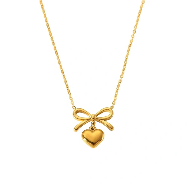 Bow-Heart Linked Anti-Tarnish Gold-Plated Chain NeckPendant - Free Size