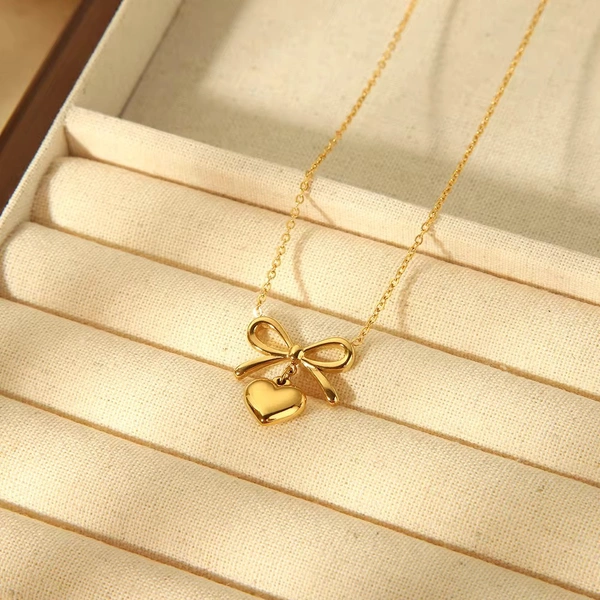 Bow-Heart Linked Anti-Tarnish Gold-Plated Chain NeckPendant