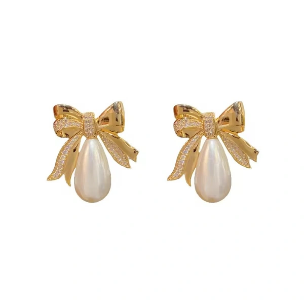 Korean Gold-Plated Bow Shaped Pearl Stud Earrings - Free Size