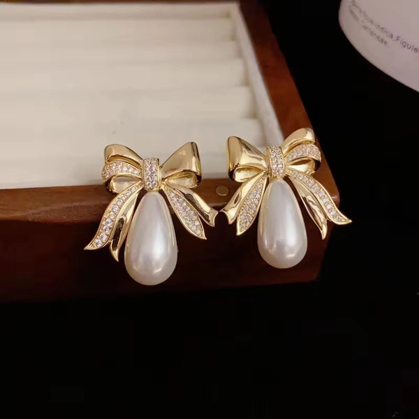 Korean Gold-Plated Bow Shaped Pearl Stud Earrings