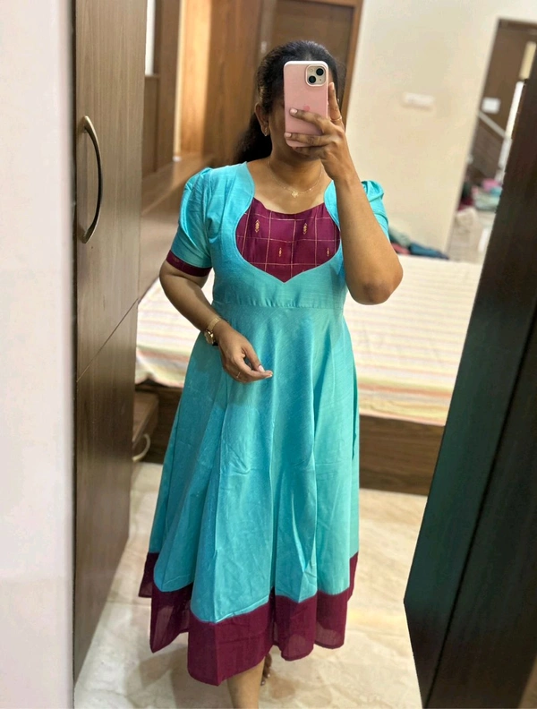 Blue Slubsilk Umbrella Kurti  - Xl