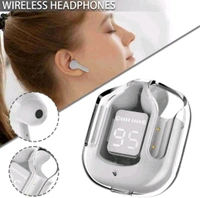 Global Ultra pods Wireless LED Digital Display Transparent Headset Bluetooth Headphones  - Silver, Free