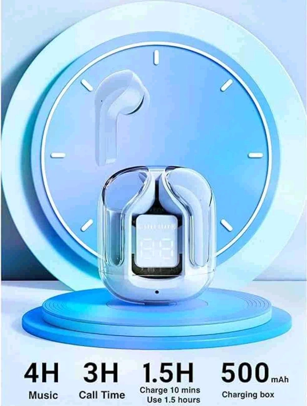 Global Ultra pods Wireless LED Digital Display Transparent Headset Bluetooth Headphones  - Silver, Free