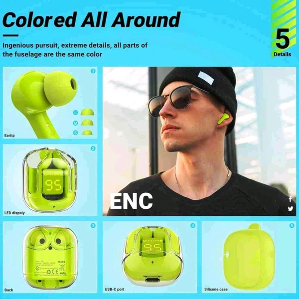 Bluetooth HeadsetUltra pods Wireless LED Digital Display Transparent Headset  - Free, Screamin' Green