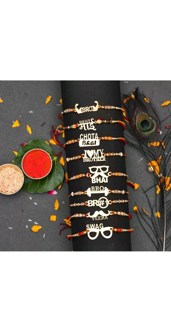 Designer Rakhi Chawal Roli Pack (9 Designer Gold Finish Rakhi With Chawal Roli Pack) - Red