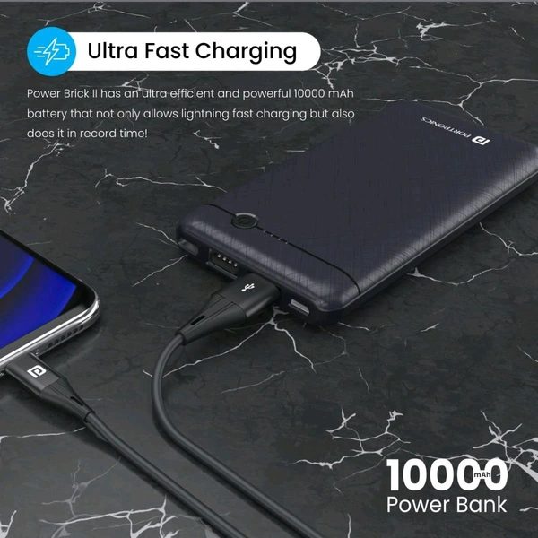 Portronics Power Brick II 10000 mAh,2.4A 12w Slim Power Bank with Dual USB Output Port for iPhone, Anrdoid & Other Devices.(Black) - Black