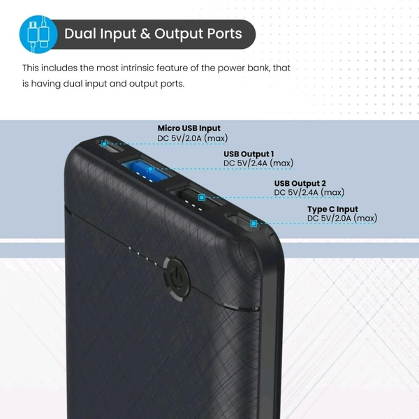Portronics Power Brick II 10000 mAh,2.4A 12w Slim Power Bank with Dual USB Output Port for iPhone, Anrdoid & Other Devices.(Black) - Black