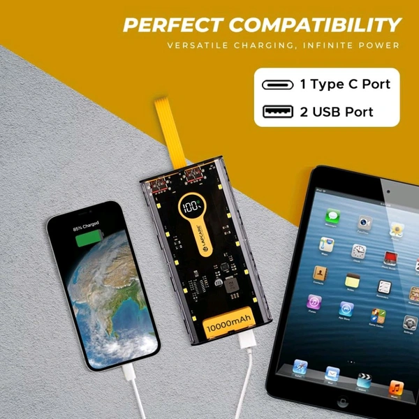 LAPCARE Bolt I 10000mAh Li-Polymer Transparent Design Power Bank with LED Indicator, Type C and 2 USB Ports, 22W Fast Charging, Dynamic Display, Smart Chip, Low Power Consumotion, Fast Power Bank