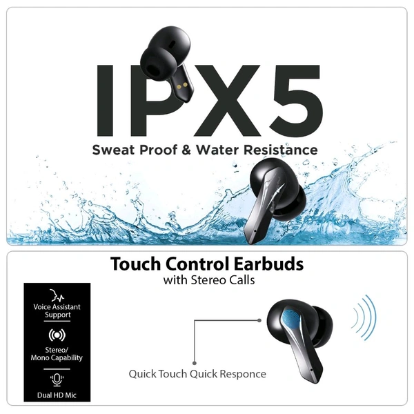 Riviera R010 Gaming TWS Earbuds, with 12 Hours Music Playtime, Bluetooth 5.0, Environmental Noise Cancellation, Type-C Fast Charging, 10mm Bass Drivers, IPX4 Sweat & Waterproof(Black)