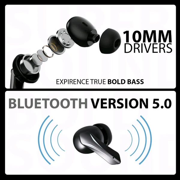 Riviera R010 Gaming TWS Earbuds, with 12 Hours Music Playtime, Bluetooth 5.0, Environmental Noise Cancellation, Type-C Fast Charging, 10mm Bass Drivers, IPX4 Sweat & Waterproof(Black)
